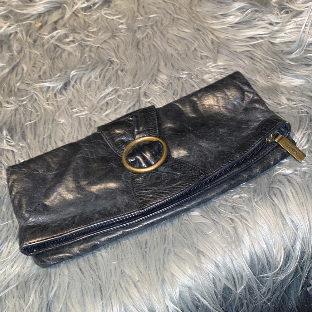 HOBO Leather Buckle Bow Blue Paisley Distressed Zippered Clutch Bag